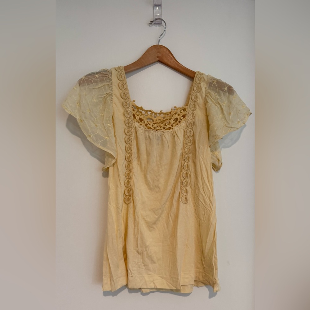 Language Cream Crochet-Trim Flutter Sleeve Tunic